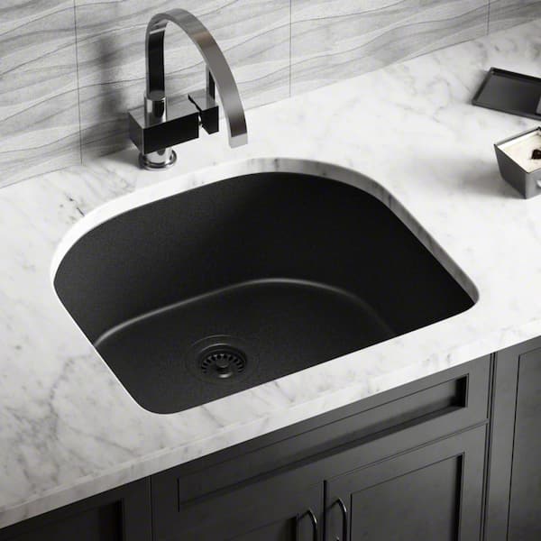 MR Direct Black Quartz Granite 25 in. Single Bowl Undermount Kitchen Sink with Matching Strainer