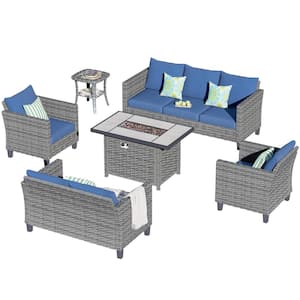 New Star Gray 6-Piece Wicker Patio Rectangle Fire Pit Conversation Seating Set with Blue Cushions