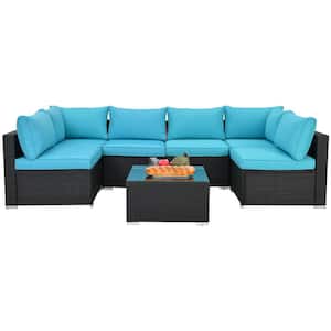 7-Piece Wicker Outdoor Sectional Set Black with Blue Cushions