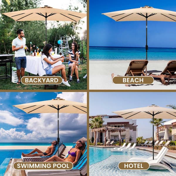 9 ft rectangular solar-powered patio umbrella in taupe Sun-Ray 9 ft. x 7 ft. Rectangular Solar Lighted Market Patio Umbrella in  Taupe 841027