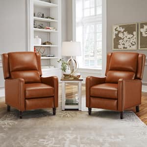26 in. W Brown Genuine Leather Recliner Chair with Wooden Legs Push Back Chair with Nail Head Trim (set of 2)
