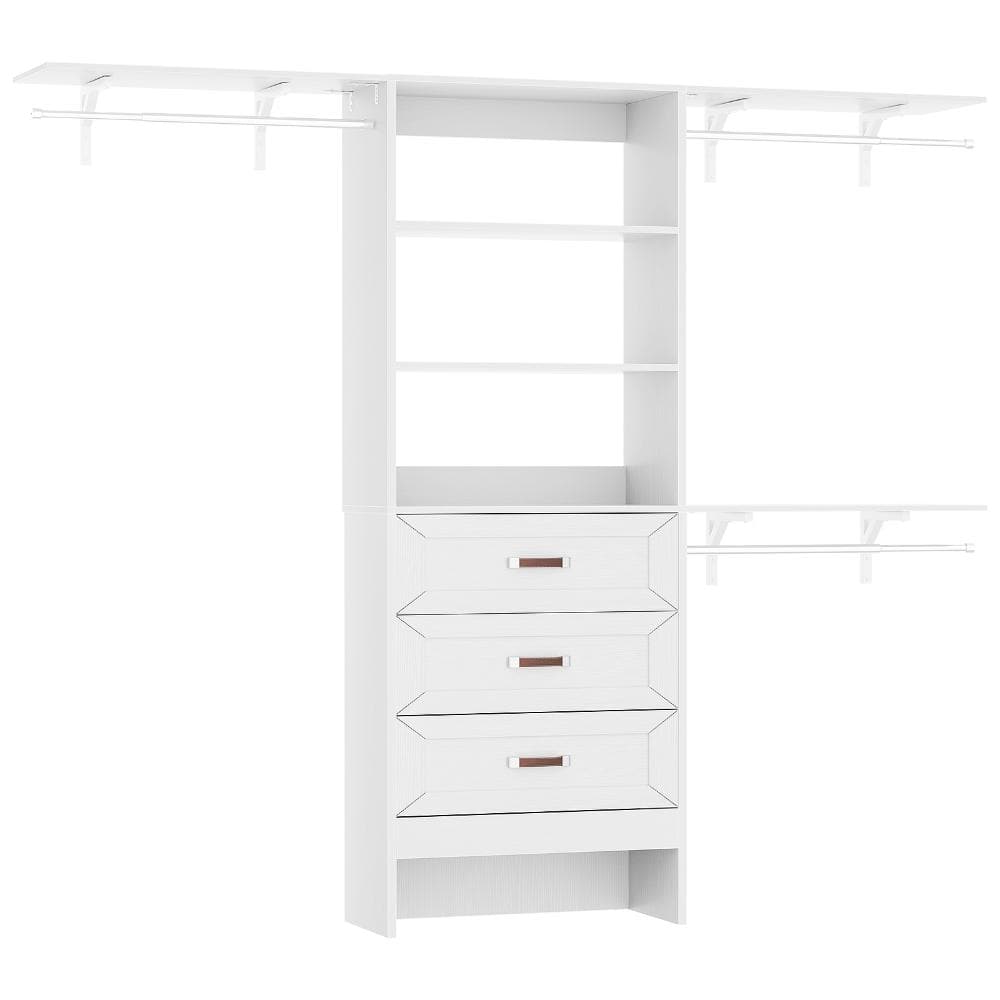 58 in. W - 96 in. W White Reach-In Tower Wall Mount 7-Shelf Wood Closet System With 3 Curved Drawers 3 Hanging Rods price history on PriceWatchPro