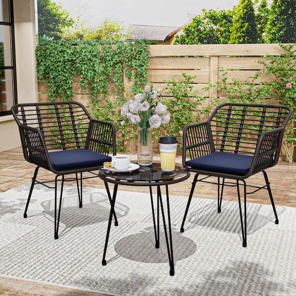 Esunny 3-Piece Wicker Outdoor Patio Conversation Sets with 2-Armchairs, 1-Round Table and Dark Blue Cushions