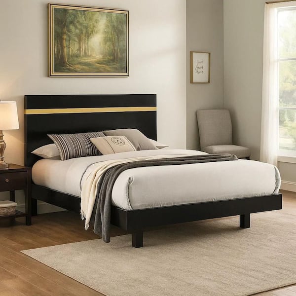 Yoki Black and Gold Wood Frame Queen Panel Bed with Underbed LED