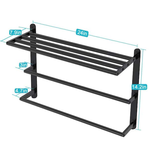 Wall Mount Bath Towel Rack, 24 in. Black Towel Shelf with Double Towel Bar, 3 Tier Stainless Steel Towel Storage, Black