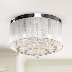 13.75 in. 3-Light Chrome Modern Crystal Flush Mount with White Coiled Shade