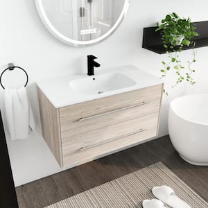 36 in. W Modern Style Wall Mounted Bathroom Vanity with Single White Sink in Wooden