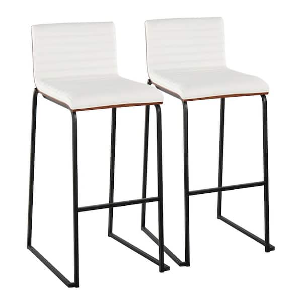 Lumisource Mason Mara 30.75 in. White Faux Leather and Black Metal High Back Bar Stool with Walnut Wood Seat Back (Set of 2)