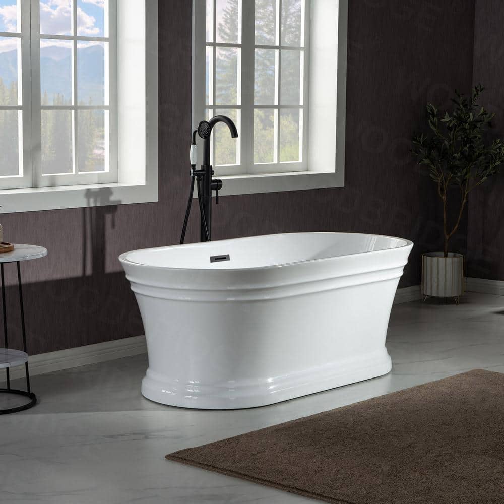 67" White Acrylic Freestanding Soaking Bathtub with Matte Black Trim