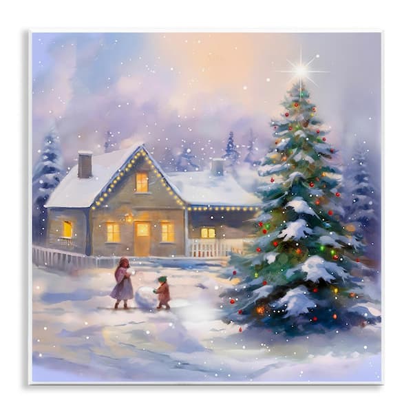 Stupell Industries Children Building Snowman by Enrico McGarrigle 1 Piece Unframed Graphic Print Nature Poster Art Print 12 in. x 12 in.