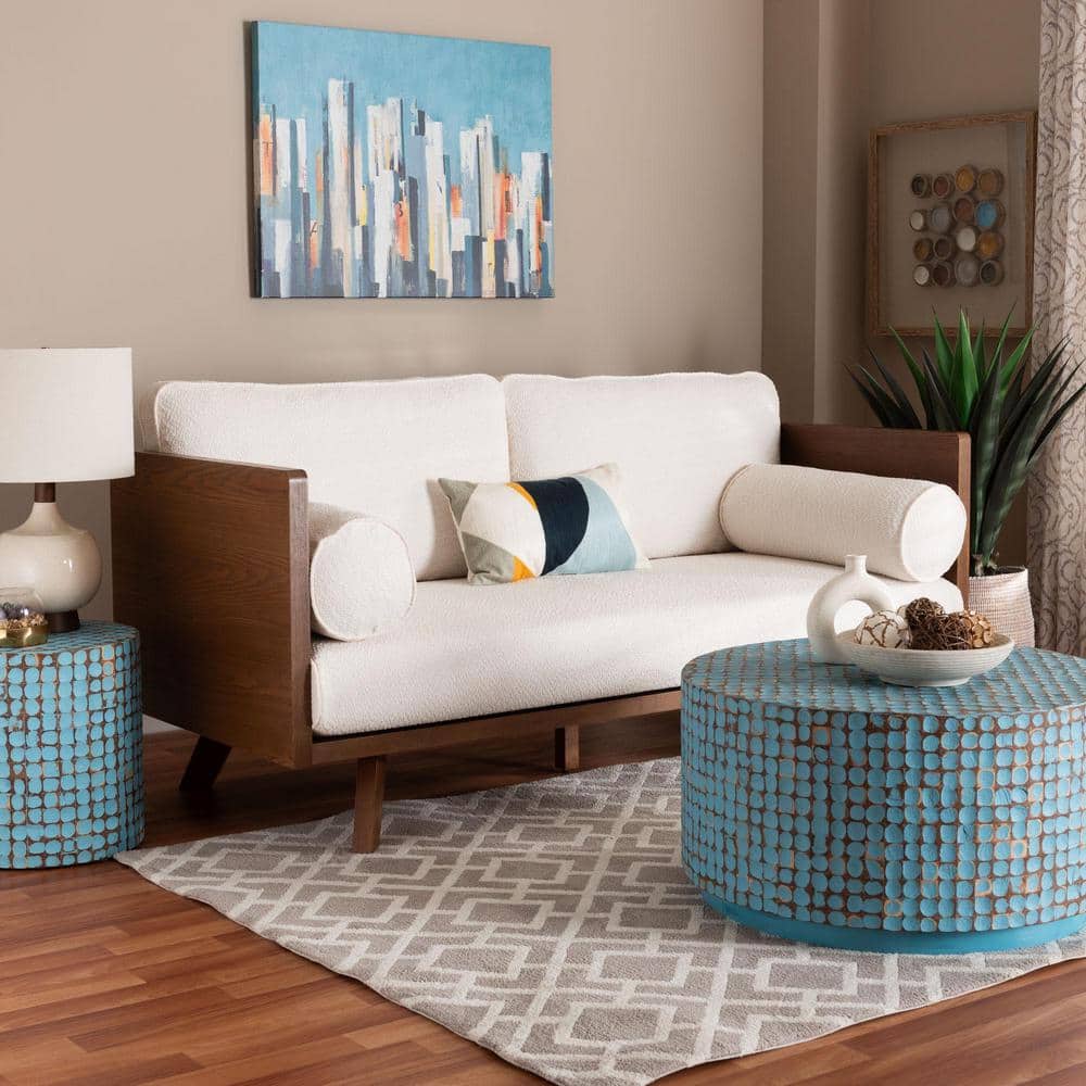 Mid-Century Modern Cream Boucle Fabric 2-Seat Sofa with Wood Frame