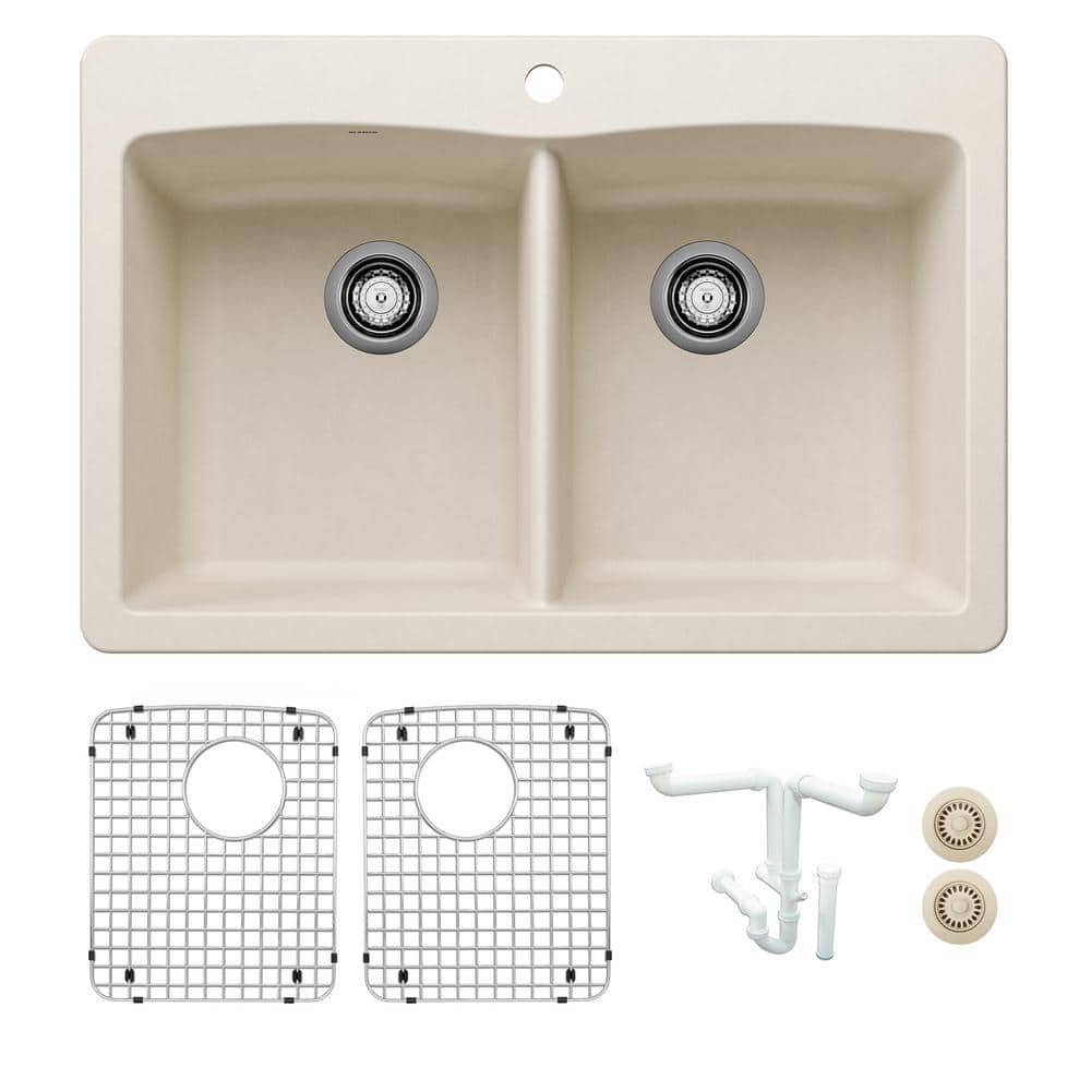 Diamond 33 in. Drop-in/Undermount Double Bowl Soft White Granite Composite 
