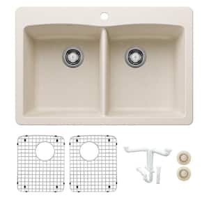 Diamond 33 in. Drop-in/Undermount Double Bowl Soft White Granite Composite Kitchen Sink Kit with Accessories