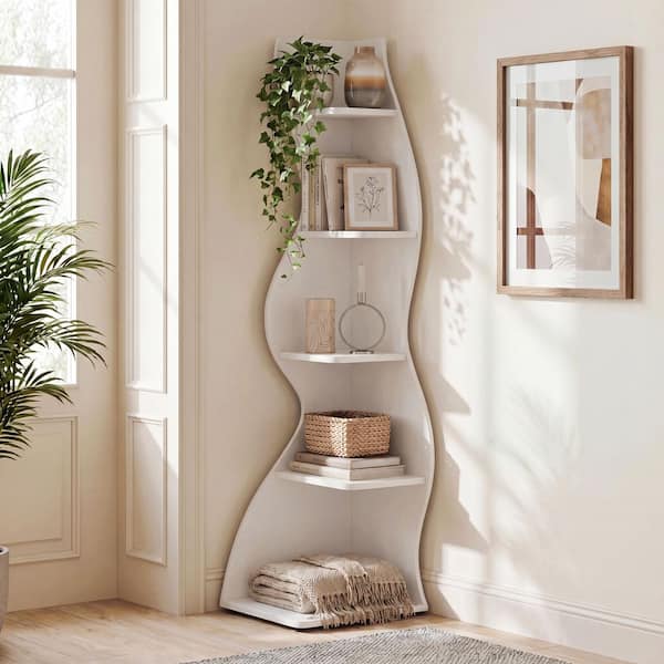 Eulas 69.8 in. Tall White Wood 5-Shelf Standard Bookcase Corner Bookshelf with Storage Shelf and Curvy Sha