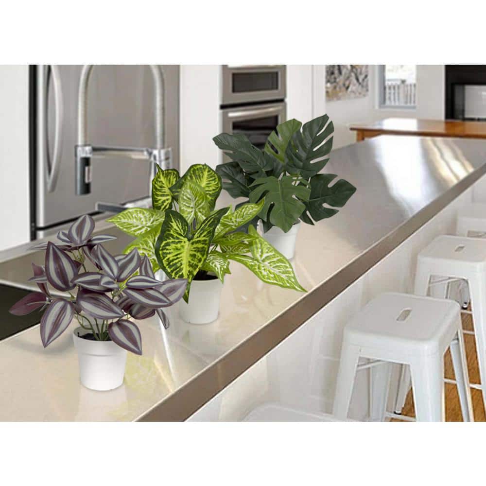 White Potted Silk Faux Plant Set with Green and Purple Leaves