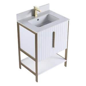 24 in. W x 18 in. D x 33.5 in. H Bath Vanity in Matte White with White Sintered Stone Top with Satin Brass Hardware