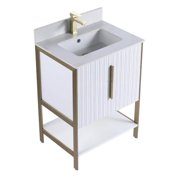 FINE FIXTURES 24 in. W x 18 in. D x 33.5 in. H Bath Vanity in Matte White with White Sintered Stone Top with Satin Brass Hardware