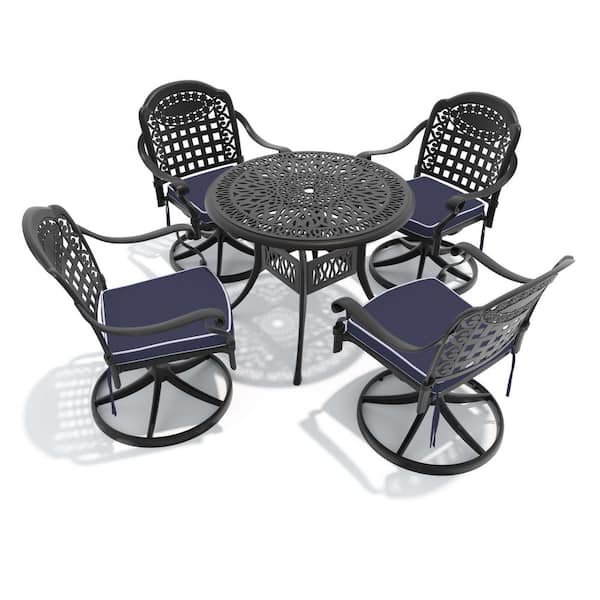 5-Piece Black Cast Aluminum Patio Outdoor Dining Set with Round Table and 4 Swivel Chairs with Blue Cushions