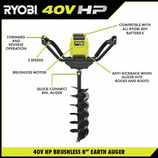 RYOBI 40V Brushless Cordless Earth Auger with 8 in. Bit with 4.0 Ah Battery and Charger RY40710 Home Depot