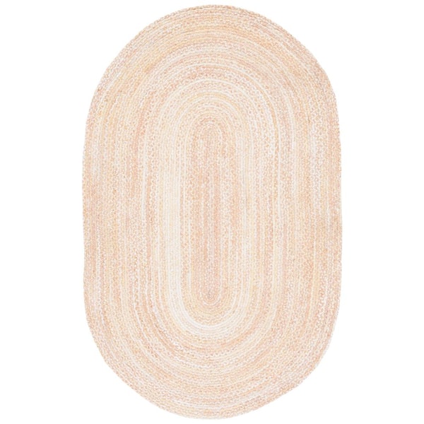 SAFAVIEH Braided Beige Doormat 3 ft. x 5 ft. Solid Color Striped Oval Area Rug