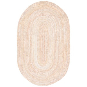 Braided Beige 6 ft. x 9 ft. Solid Color Striped Oval Area Rug
