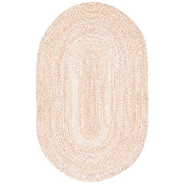 SAFAVIEH Braided Beige 6 ft. x 9 ft. Solid Color Striped Oval Area Rug