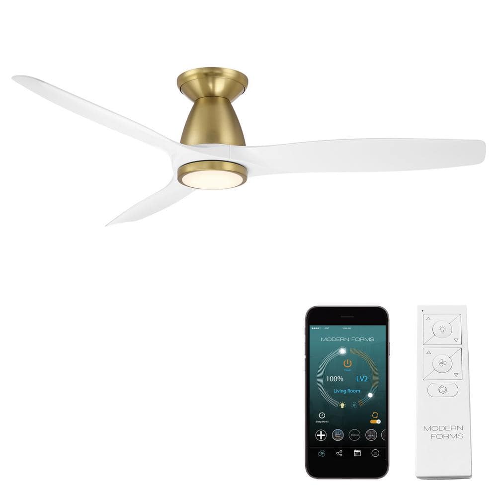 Skylark 54 in. 3-Blade Smart Indoor/Outdoor Soft Brass/Matte White Flush Mount Ceiling Fan 4CCT LED Remote Included