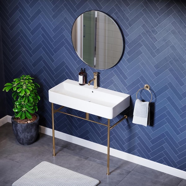Swiss Madison Carre 36 in. Ceramic White Console Sink Basin Gold Legs