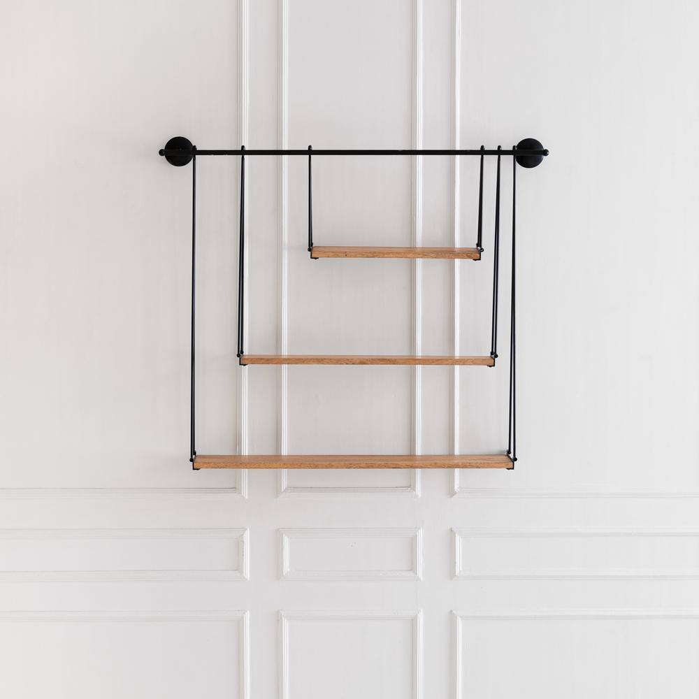 Sleek Scandinavian Black Iron & Wood 3-Tier Floating Shelf