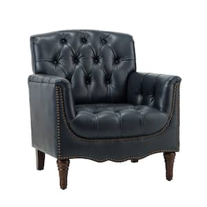 Elijah Traditional Navy Genuine Leather Button-tufted Armchair with Luxury Style and Solid Wood Legs