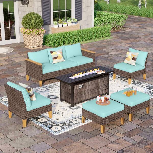 PHI VILLA Brown Rattan Wicker 7 Seat 8-Piece Steel Outdoor Patio Conversation Set with Blue Cushions, Rectangular Fire Pit Table
