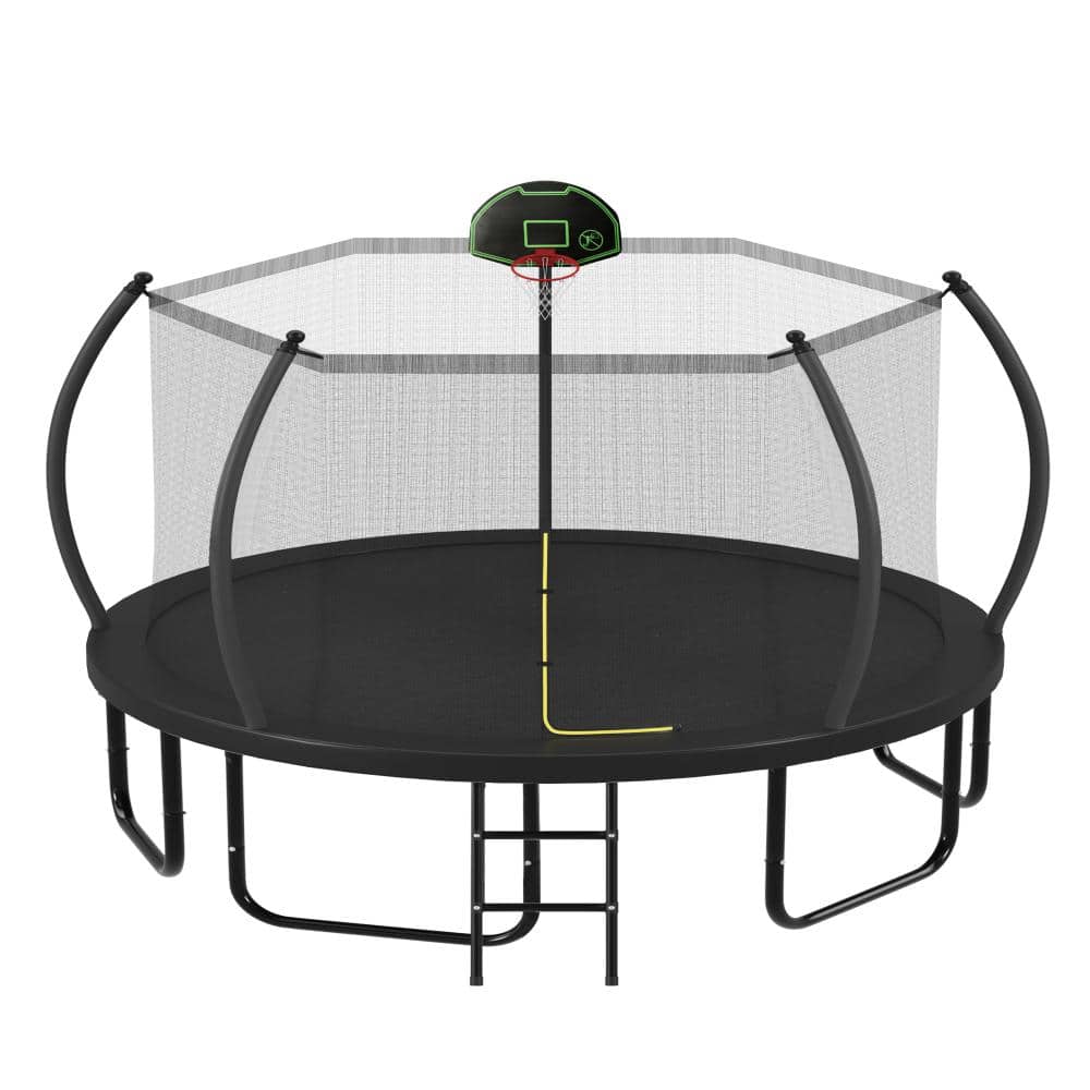 Black Metal Outdoor Round 14FT Trampoline with Basketball Hoop, Enclosure Net & Curved Poles & Ladder