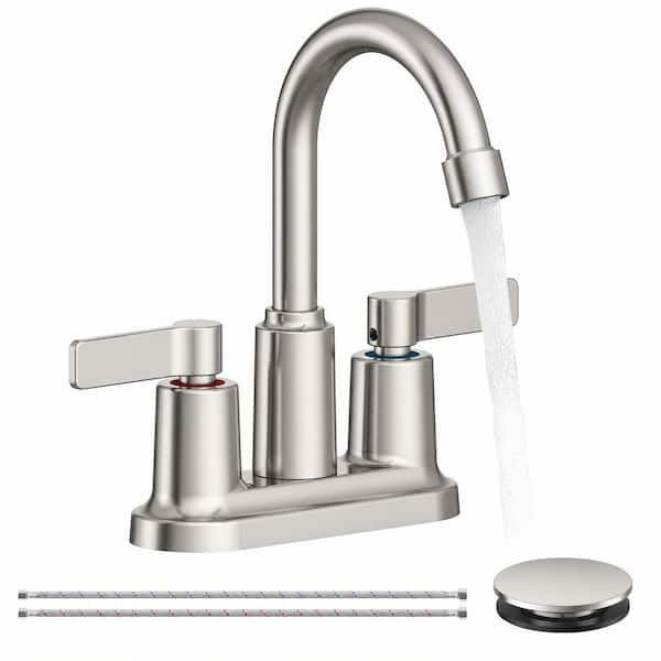 4 in. Centerset 2-Handle 360 Swivel High-Arc Bathroom Sink Faucet with Pop-Up Drain in Brushed Nickel
