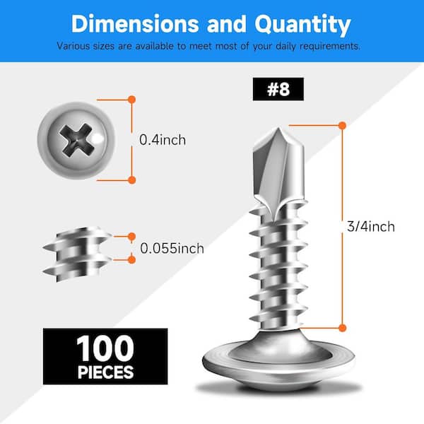 #8 x 3/4 in. 410-Stainless Steel Phillips Truss Head Self Drilling Sheet Metal Screw (100-Pack)