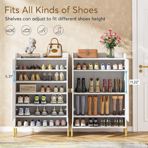 BYBLIGHT 31.5 in. W Brown Oak 24-Pairs Shoe Storage Cabinet, Free