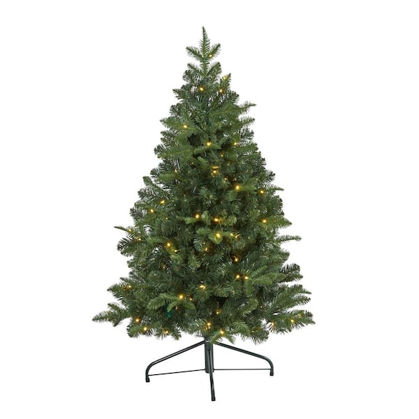 Nearly Natural 4 ft. Green Pre-Lit LED Grand Teton Spruce Flat Back Artificial Christmas Tree with 90 Clear Lights