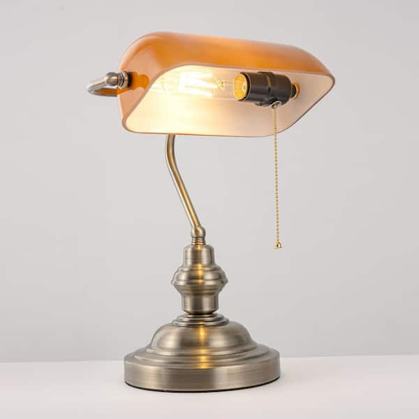 14 in. Gold Vintage Bedside Lamp with Orange Glass Shade, Retro Desk Light with Pull Chain Switch for Bedroom and Study