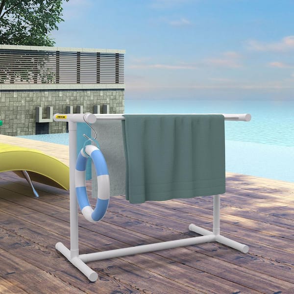 5 Bar Pool Towel Rack 40 in. L x 18 in. W x 40 in. H Freestanding Outdoor PVC T Shape in White