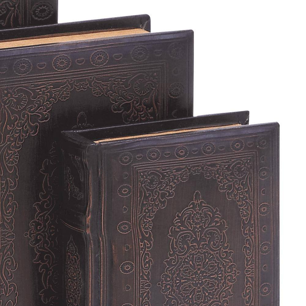 Vintage Illustration Dark Brown Wood & Faux Leather Decorative Book Box Set of 3