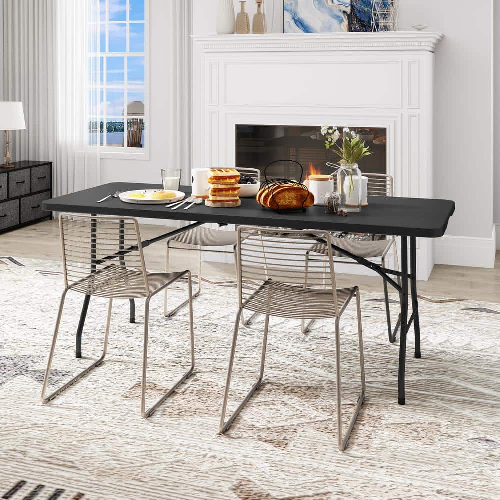 Dextrus 6ft Black Plastic Folding Picnic Table with Metal Frame