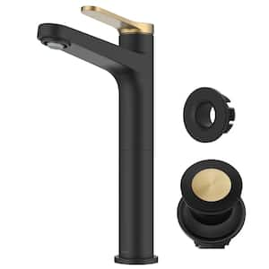 Indy Single Handle Vessel Sink Faucet in Spot-Free Brushed Brass / Matte Black with Pop Up Drain and Supply Lines