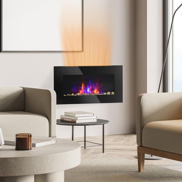 28.5 in. 1500-Watts Electric Wall-Mounted Fireplace with Flame Effect, 7 Color Background Light, Black
