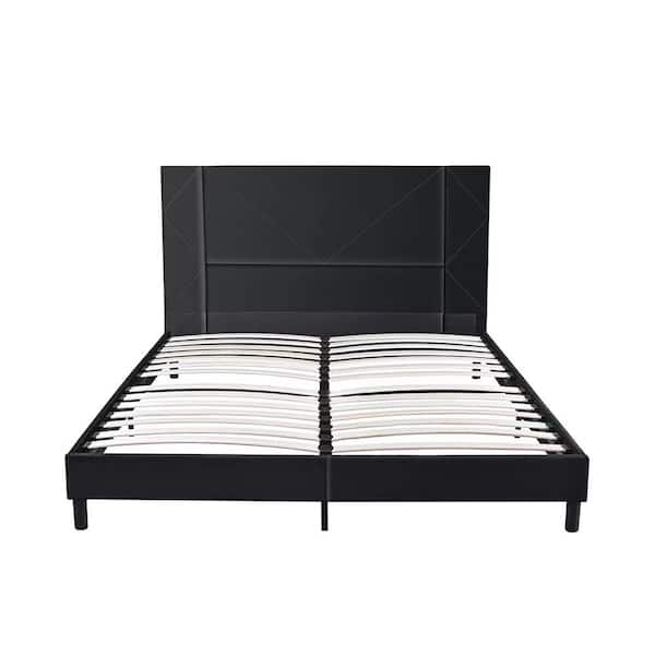 54.5 In. W Black Metal And Wood Frame Full Platform Bed With Headboard 