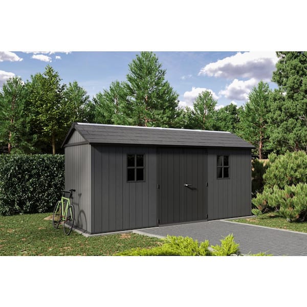 Newton Plus 7.5 ft. W x 15 ft. D Durable Resin Plastic Storage Shed with Floor Graphite 118 sq. ft.