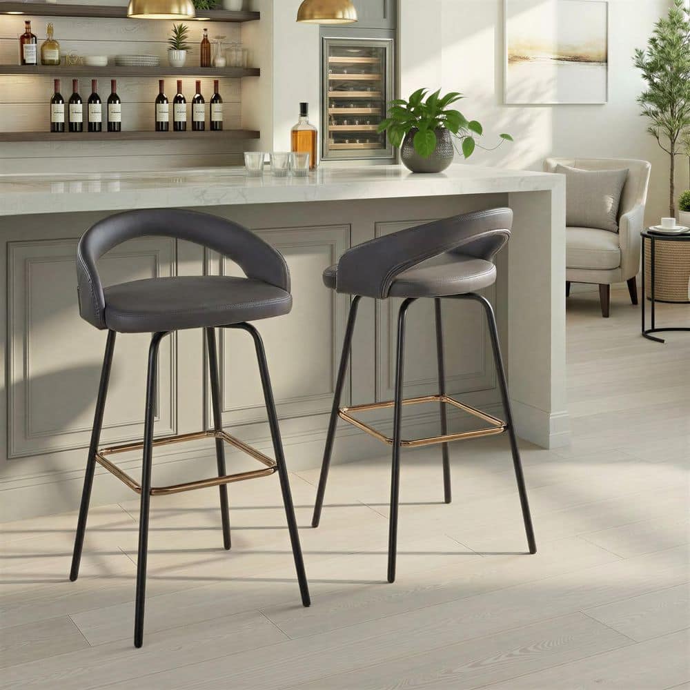 Grotto Upholstered 29.5 in. Grey Faux Leather and Black Metal Fixed-Height Bar Stool Square Gold Footrest (Set of 2) price history on PriceWatchPro