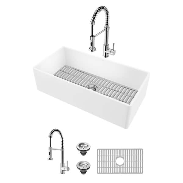 VIGO Matte Stone 36" Single Bowl Farmhouse Apron Front Undermount Kitchen Sink with Faucet in Chrome and Accessories