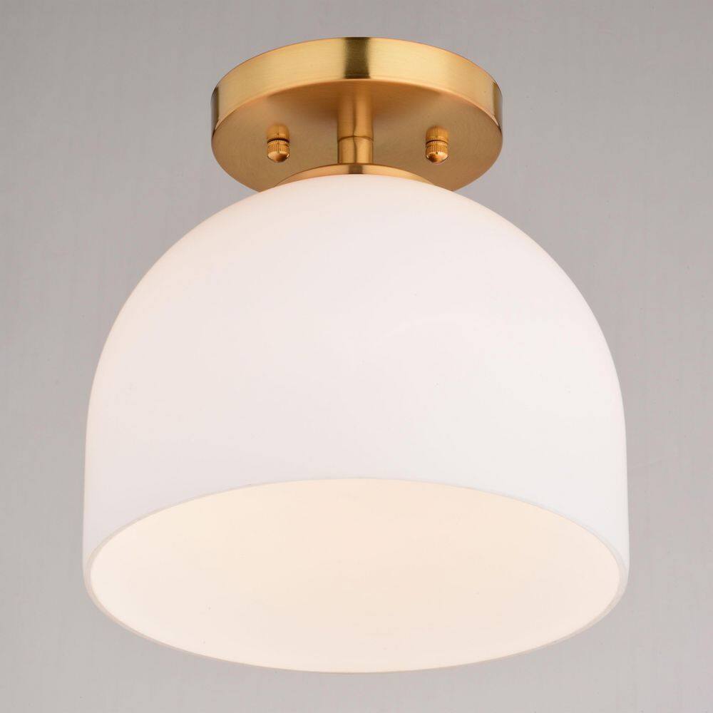 Shelby 9.25-Inch Brass and White Glass Semi-Flush Mount Light