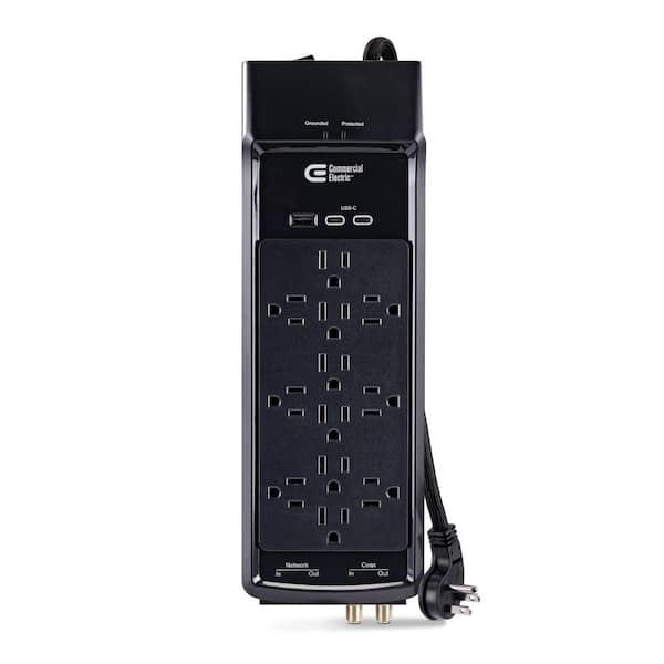15 ft. 12-Outlet Surge Protector Braided Cord with 1 USB-A and 2 USB-C, Black