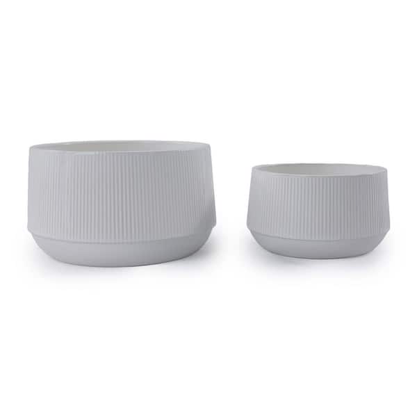 Modern Striped Design 2-Pack Glossy White Ceramic Planter Flower Pots with Drainage Holes for Patio, Indoor and Outdoor
