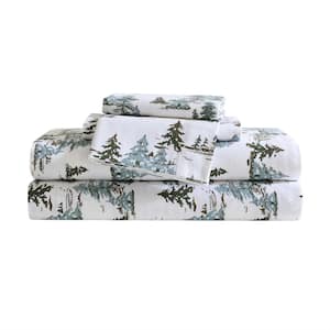 Snowy Pine Trees 3-Piece White/Green/Brown Flannel Twin Sheet Set